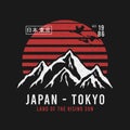 Tokyo, Japan t-shirt design with mountains, crane birds and sun. Tee shirt graphics print with grunge and inscription in Japanese